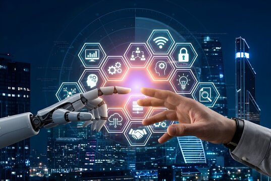 Hand Pressing Virtual Button on Touch Screen Interface for Digital Technology, Business Network Communication, Internet Connection and Future Software Concept