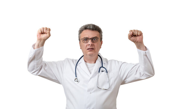 A middle-aged male doctor in a white coat, with an angry expression and an emotional gesture, against a white background.