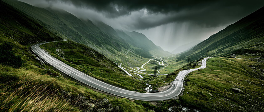 Winding road mountain valley dramatic sky storm cloud moody landscape empty highway remote nature green hill fog travel