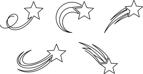 Shooting star icon set with comet trails falling meteor shower stardust swoop paths fireworks linear outline minimalist vector © MD