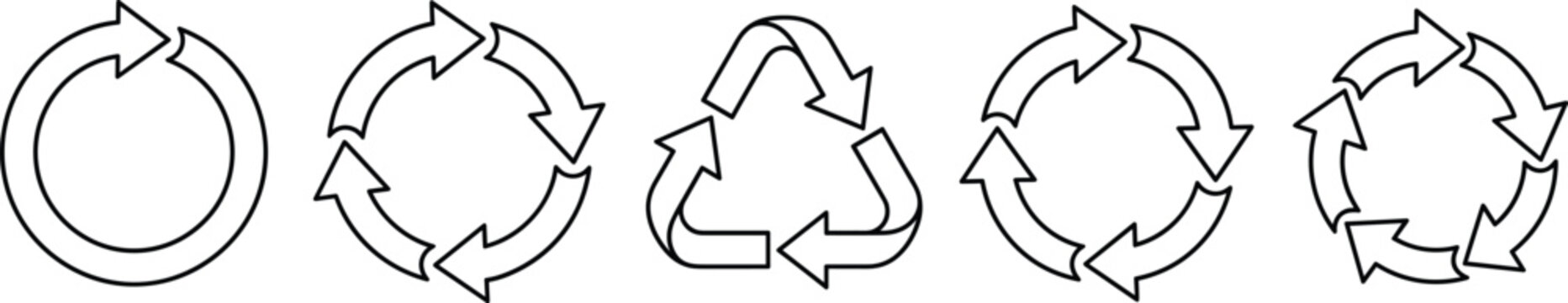 Recycling symbol and circular loop arrow icon set representing eco sustainability waste reduction organic process outline vector