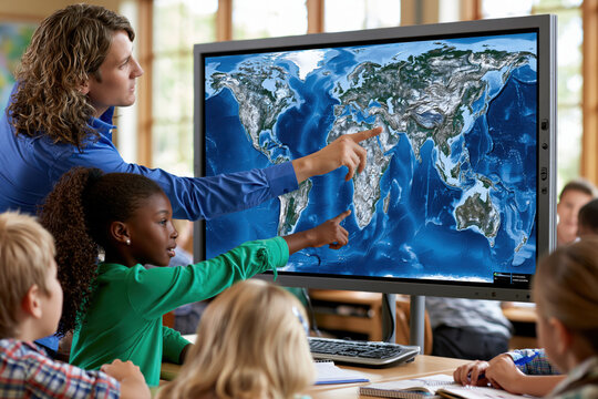 Teacher classroom student child digital screen map geography learning education teacher classroom student child digital screen map geography learning education lesson modern school with world map