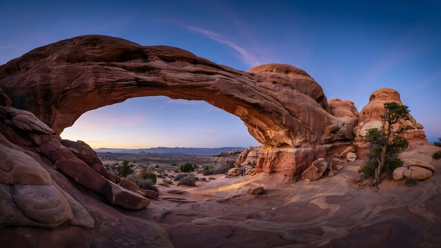 Natural sandstone arch at sunrise. Scenic desert landscape with geological rock formation.