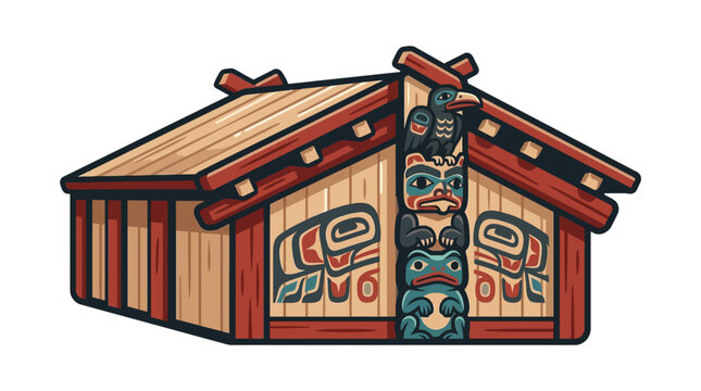 Indigenous longhouse with large tribal totem pole.