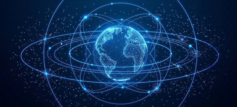 Digital world map with glowing network connections on blue globe surface, featuring orbital lines and illuminated dots in futuristic wireframe design. Global connection concept. ai