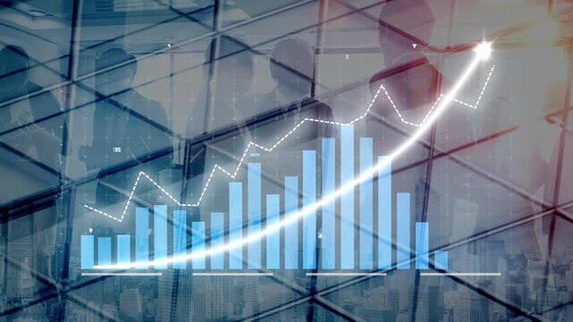 A modern business scene showcasing a rising graph overlaid with silhouettes of professionals in an office environment, symbolizing growth and success in finance. Copula