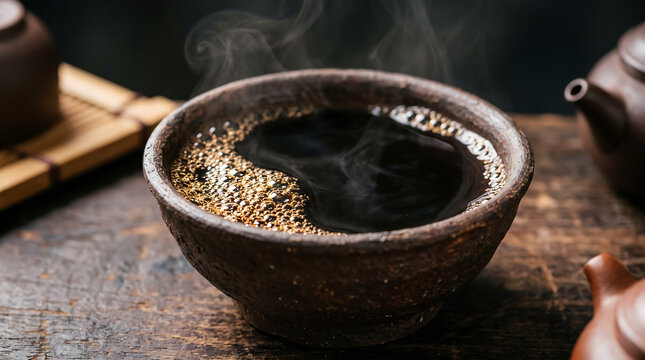 Steaming Dark Hot Traditional Chinese Herbal Tea Served in Rustic Clay Bowl Close-Up