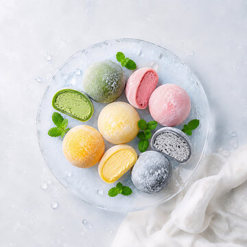 カラフルなアイス餅のアソートをガラス皿に盛り付けた夏の和スイーツ｜Colorful Assorted Ice Mochi on a Frosted Glass Plate with Fresh Mint
