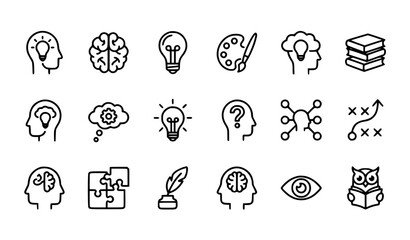 Creative Thought Line Icons Set with Brain Idea Innovation and Editable Stroke Outline Symbols © RUBINA