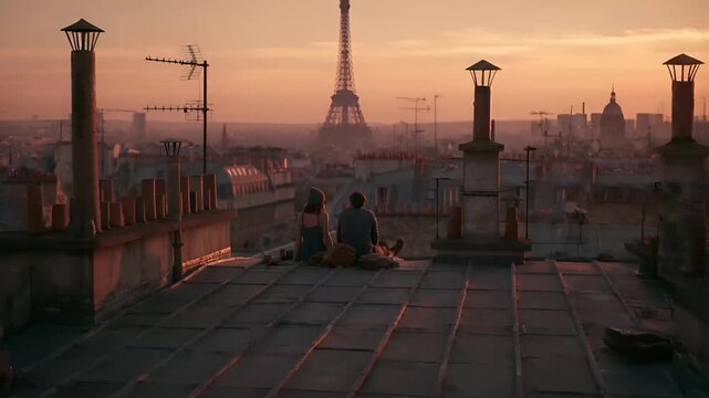 Paris, France, Europe. A vivid portrayal of a cityscape at sunset, with the Eiffel Tower prominently displayed in the background. The sky is painted in warm hues of orange, pink, and purple.