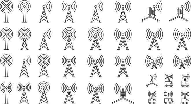 Telecommunication antenna tower icon set broadcasting cellular network signal mobile transmitter mast wireless communication technology outline vector