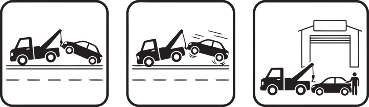 Tow truck hauling broken-down cars on road Vector
