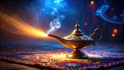 Ornate golden lamp with glowing smoke on carpet. © aji