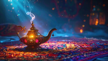 Decorative magic lamp with glowing smoke in dark room. © aji