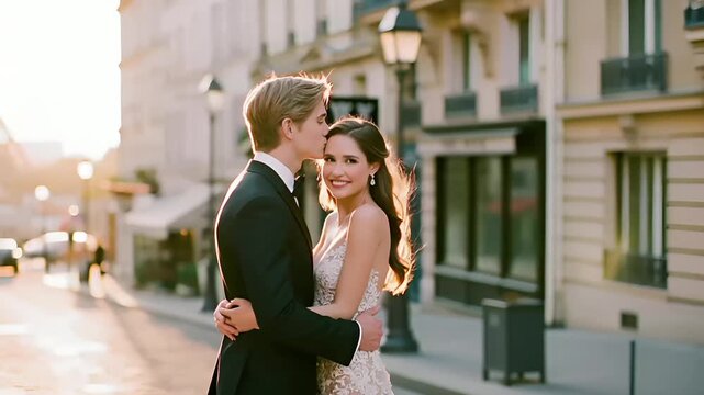 Paris, France, Europe. A romantic portrait of a couple in a Parisian street at sunset. The man, wearing a black tuxedo and bow tie, and the woman, in a white lace dress, share a tender moment.