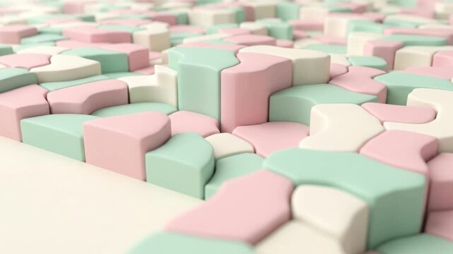 パステルカラーの流体がパズル状の立体ブロックへと変形するシネマティックな抽象CG背景