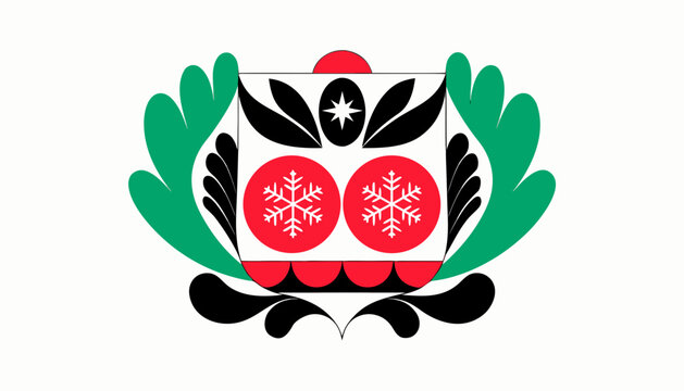 Stylized christmas emblem with snowflakes and green foliage on white background with showcasing two white snowflakes within red circles set against white backdrop