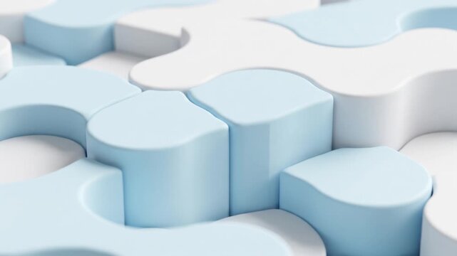 アイスブルーと純白のマットな流体がパズル状の立体ブロックへと変形する抽象CG背景