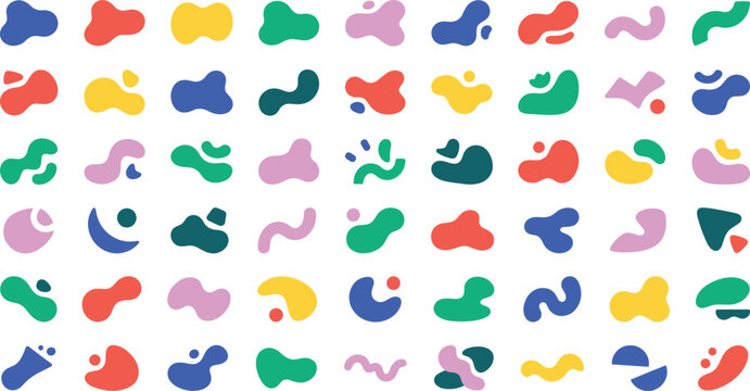 Colorful abstract organic blob shape set featuring vibrant fluid amoeba elements isolated vector illustration on white background for modern graphic design.
