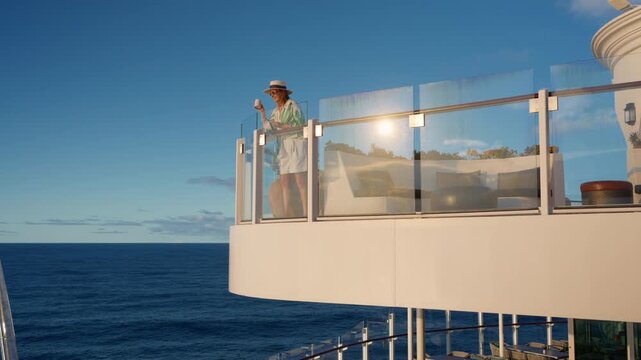Woman in straw hat and summer outfit holds coffee cup while standing on luxury cruise liner glass balcony overlooking the deep blue Caribbean Sea waters under sunny skies.
