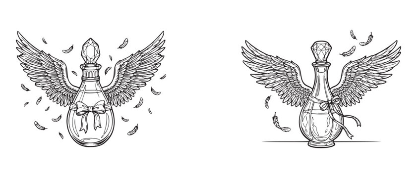 Two Fantasy Angel Winged Potion Bottles With Crystal Diamond Stopper Ribbon Bow And Falling Feathers Magical Coloring Page For Adults