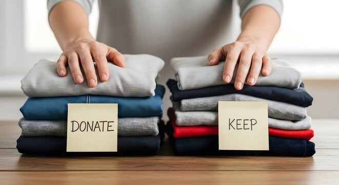 Person organizing folded clothes into stacks for donate and keep