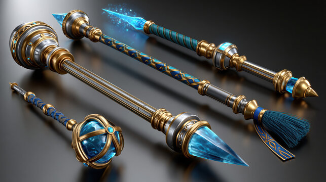 Fantasy staff magic staff crystal staff sorcerer staff wizard staff glowing crystal blue crystal gold metal silver metal mystical weapon enchanted staff arcane staff magical artifact game asset 3d