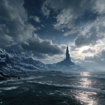 A breathtaking flat-earth world showcasing a starlit rim surrounding a crescent-shaped landmass adorned with snow-dusted peaks. The turbulent waves crash fervently against the shores, adding dynamic