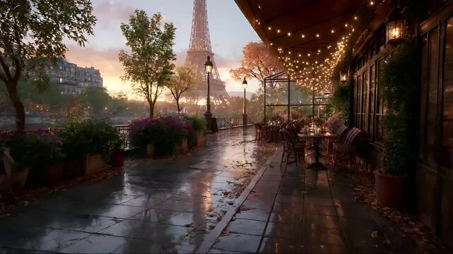 Paris, France, Europe. A vivid portrayal of a Parisian outdoor cafe at sunset. The Eiffel Tower stands majestically in the background, illuminated by the warm glow of the setting sun.