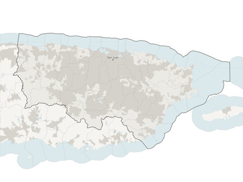 San Juan&ndash;Bayam&oacute;n&ndash;Caguas metropolitan area vector map with municipality boundaries, urban footprint and hydrography, Puerto Rico, USA