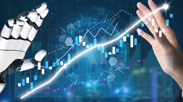 A robot hand reaches out to a human hand over a financial chart, symbolizing the intersection of technology and finance in today digital economy. Copula