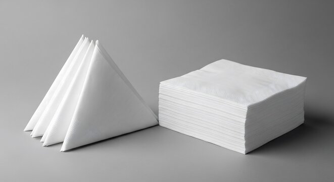 Stack of white paper napkins and folded triangular serviettes isolated