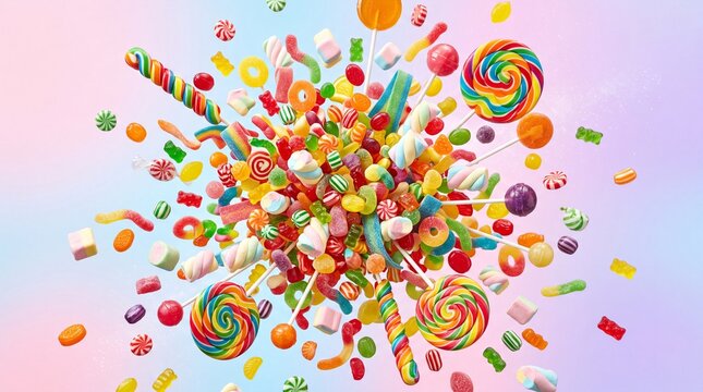 Candies and lollipops of various shapes and colors explode outward from the center of the frame against a soft pastel gradient background.