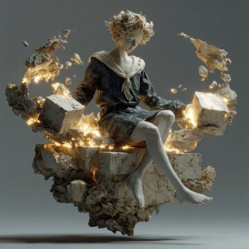 Androgynous floating philosopher statue with contemplative, balanced expression, wearing a sculpted dark robe and scarf, perched on fractured marble blocks that hover above a shadowed surface; in eac