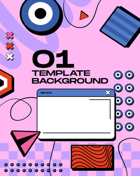 Retro Y2K vaporwave poster layout template featuring browser window frame on purple grid background