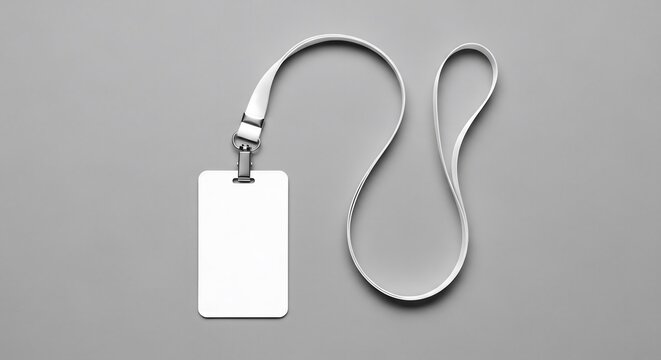 Blank White Identification Badge Mockup with Lanyard Strap on Grey Surface
