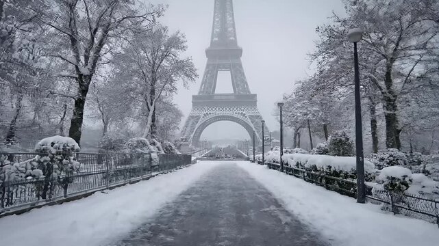 Paris, France, Europe. A winter scene features the Eiffel Tower, the iconic landmark in Paris, France. The scene is blanketed in a thick layer of snow.