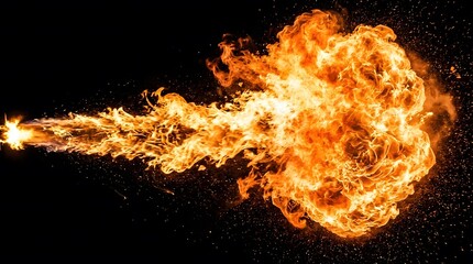 Fototapeta premium Large bright orange fire explosion with hot flames and burning sparks isolated on a dark black background texture