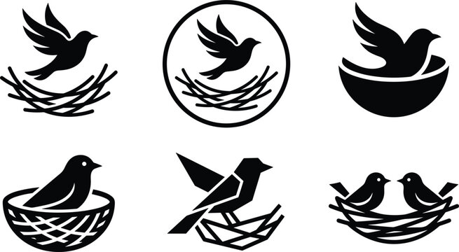 Bird nest logo icon set featuring flying birds twigs cradle circle emblem couple birds and abstract nature vector elements