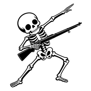 Black-and-white cartoon skeleton holding a vintage rifle while pointing upward in a dramatic action pose, isolated on a white background.