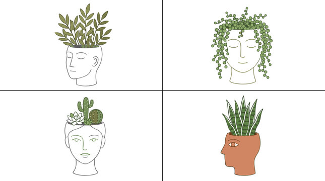 Human face planter pot line icon set featuring head shape planters succulent cactus string of pearls houseplant vector elements