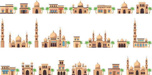 Islamic Architecture Vector Element Set with Arabic Mosques Minarets Traditional Heritage Houses and Palm Trees for Middle Eastern City Graphic Designs © Mst