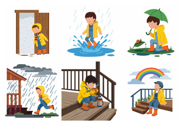 Little Boy in Yellow Raincoat Enjoying Rainy Day Activities and Rainbow Vector Illustration Set