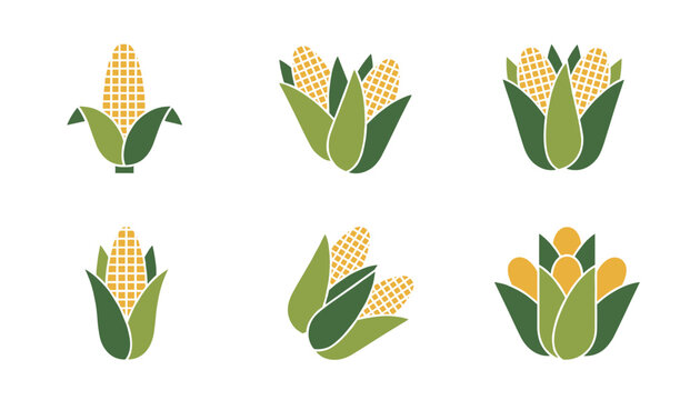 Set of six stylized flat icons representing fresh corn on the cob with green husks isolated on a white background.