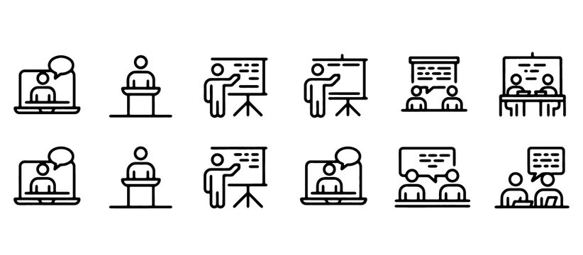 Business Presentation and Online Meeting Line Icon Set. Corporate Training, Communication, Collaboration, Remote Work, Video Conference and Office Icons. Vector Illustration.