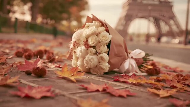 Paris, France, Europe. A romantic scene features a bouquet of creamcolored roses wrapped in brown paper, set against the backdrop of the Eiffel Tower in Paris, France.