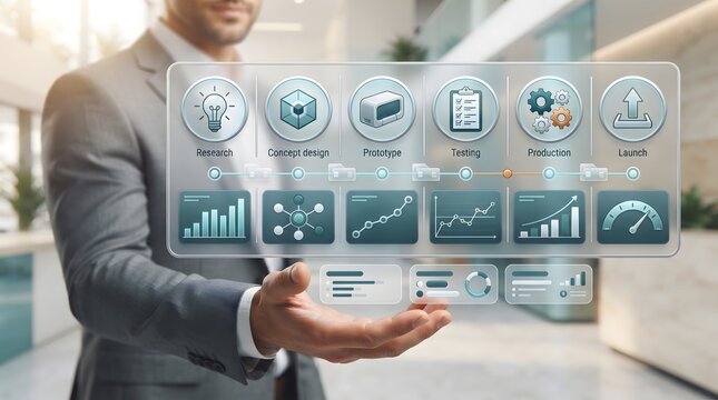Product lifecycle management plm architecture showing businessman presenting digital workflow from research to production launch
