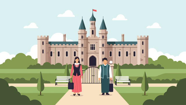 A young couple dressed in traditional medieval clothing standing in front of a grand old stone fortress with towers and lush green garden landscapes during a bright day for historical reenactment