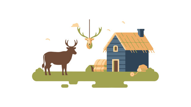 A wild stag stands near a rustic cabin while a trophy head hangs above indicating a hunting lodge theme that explores wildlife and traditional forest dwelling scenes for your creative projects