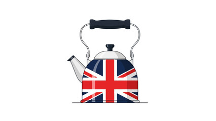 Fototapeta premium Metal boiling vessel featuring national flag of United Kingdom patterns suitable for kitchenware design themes representing traditional brewing habits and cultural pride for beverage lovers